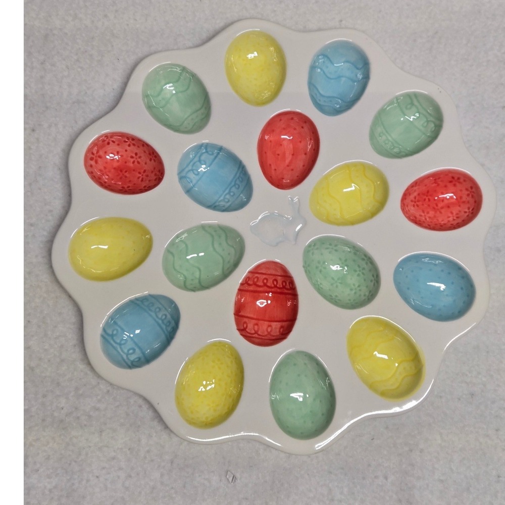 Celebrate Easter Together Ceramic Deviled Egg Platter 18 Slot Pastel Bunny Tray